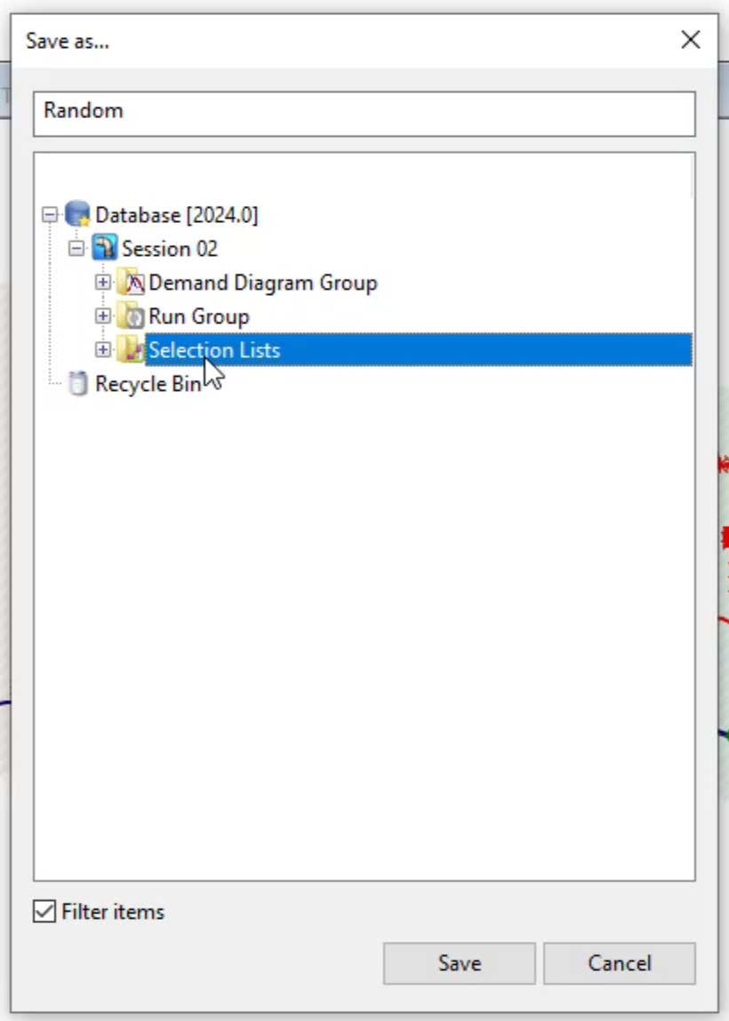 The Save as dialog box with Selection Lists selected and the name “Random” entered in the text box.