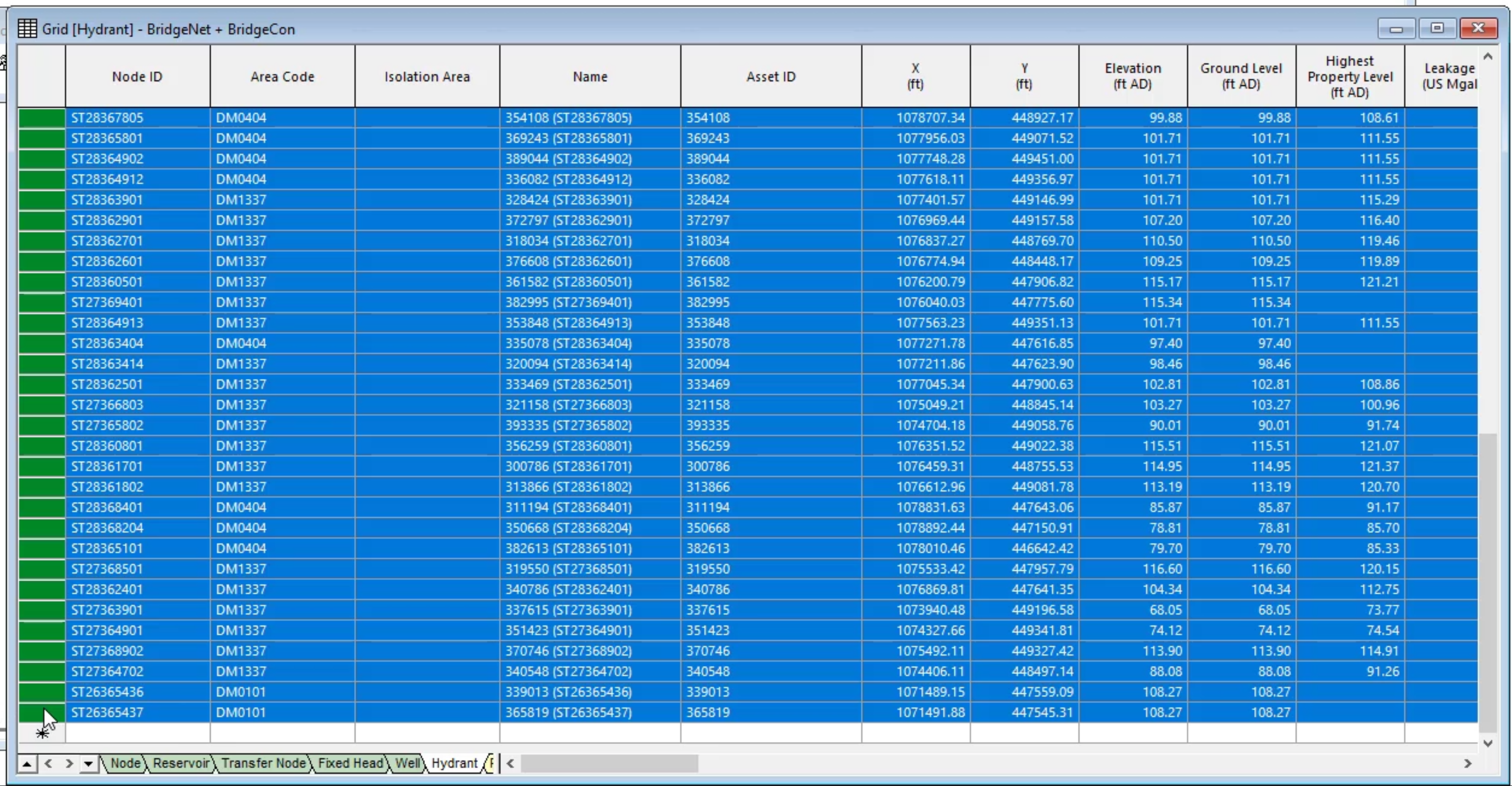 The Grid dialog box, Hydrant tab, with all hydrant object rows selected.