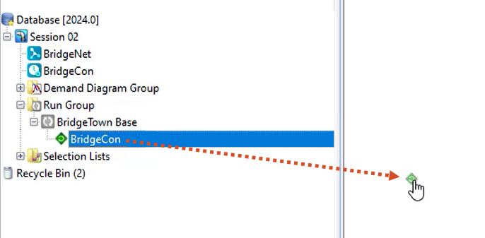 The Model Group window with the tree view expanded to show the Database contents, the BridgeCon run highlighted, and the pointer dragging BridgeCon into the workspace.