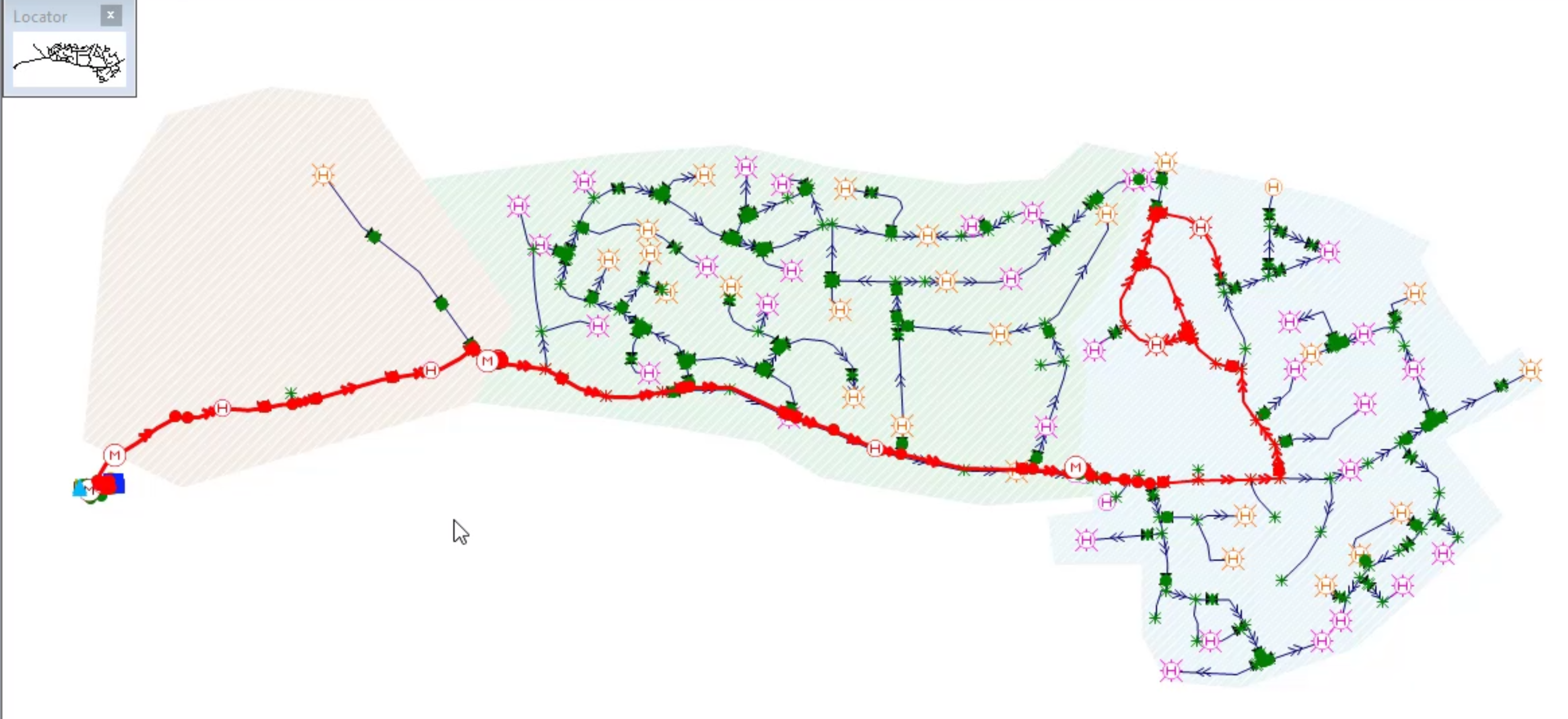 The GeoPlan with the upstream flow of hydrants selected and traced in red.