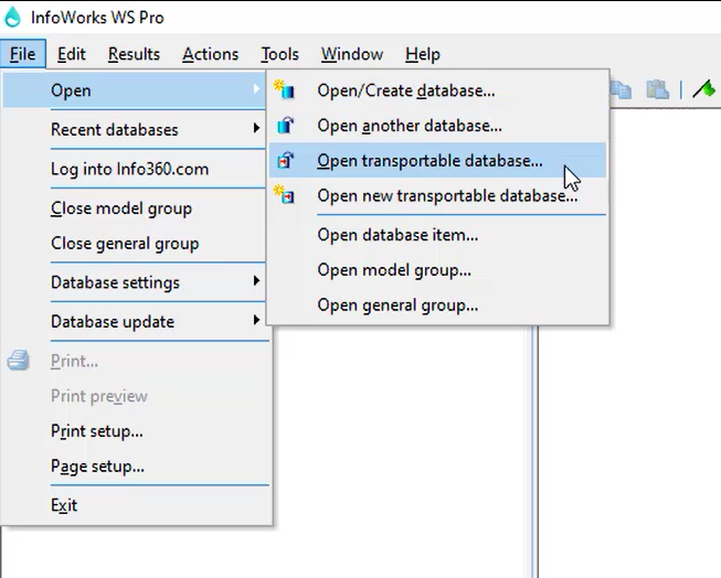 In the InfoWorks WS Pro interface, the File menu expanded, with the Open flyout displayed and Open transportable database selected.