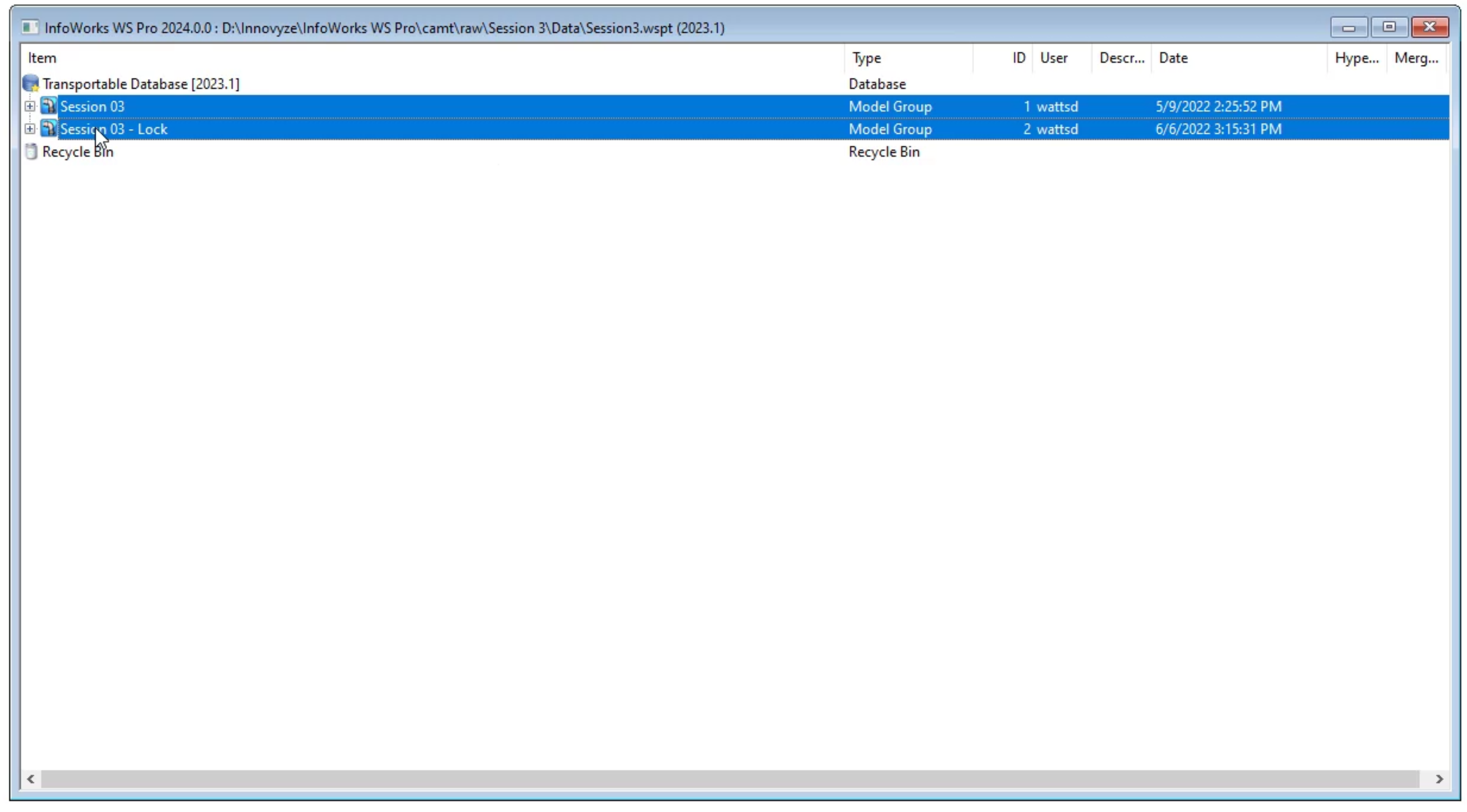 The transportable database window with Transportable Database expanded in the file tree, and with the Session 03 and Session 03 - Lock model groups selected.