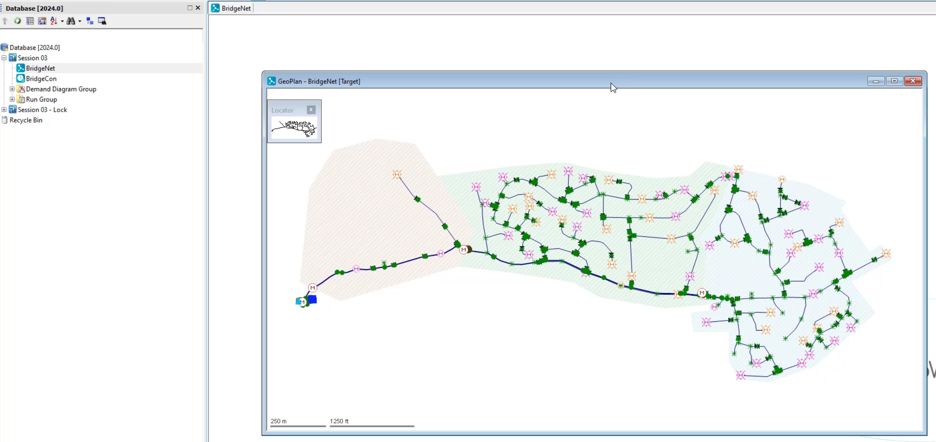 In the Model Group window, the BridgeNet network selected under Session 03, and the BridgeNet GeoPlan open in the workspace.