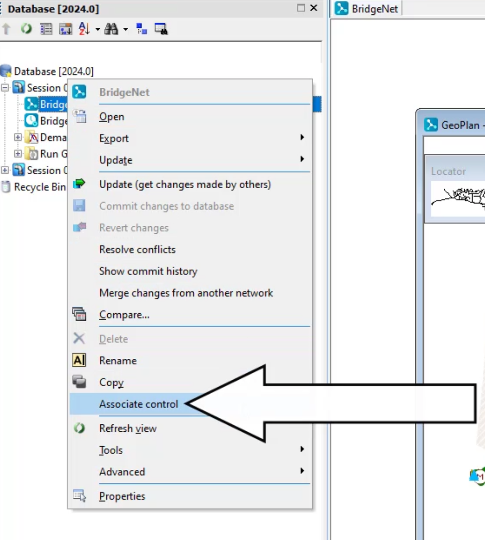 In the Model Group window, the BridgeNet shortcut menu with Associate control selected and called out.