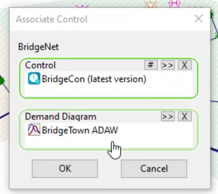 The Associate Control dialog box for BridgeNet, with BridgeCon in the Control group box and BridgeTown ADAW in the Demand Diagram group box.