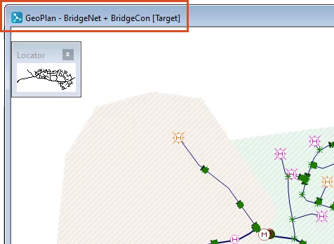 The upper-left corner of the updated GeoPlan, displaying “BridgeNet + BridgeCon [Target]” to indicate that the control is now linked with the network.