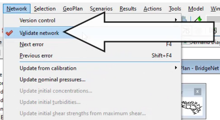 The Network menu with Validate Network selected and called out.