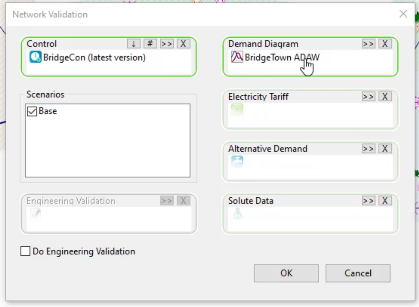 The Network Validation dialog box for BridgeNet, with BridgeCon in the Control group box and BridgeTown ADAW in the Demand Diagram group box.