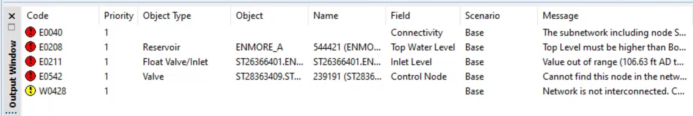 The Output Window with a list of errors and warnings, with columns including Code, Object Type, Field, and Message.