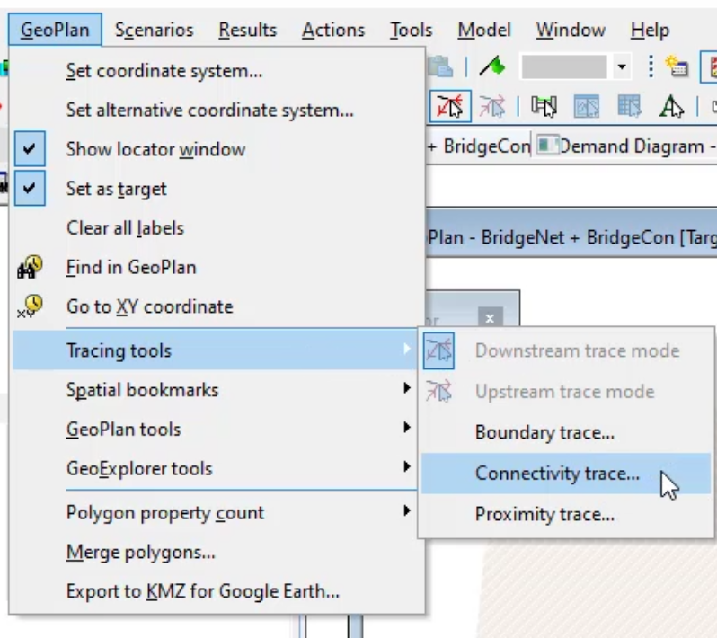 In the GeoPlan menu, the Tracing tools flyout with Connectivity trace selected.