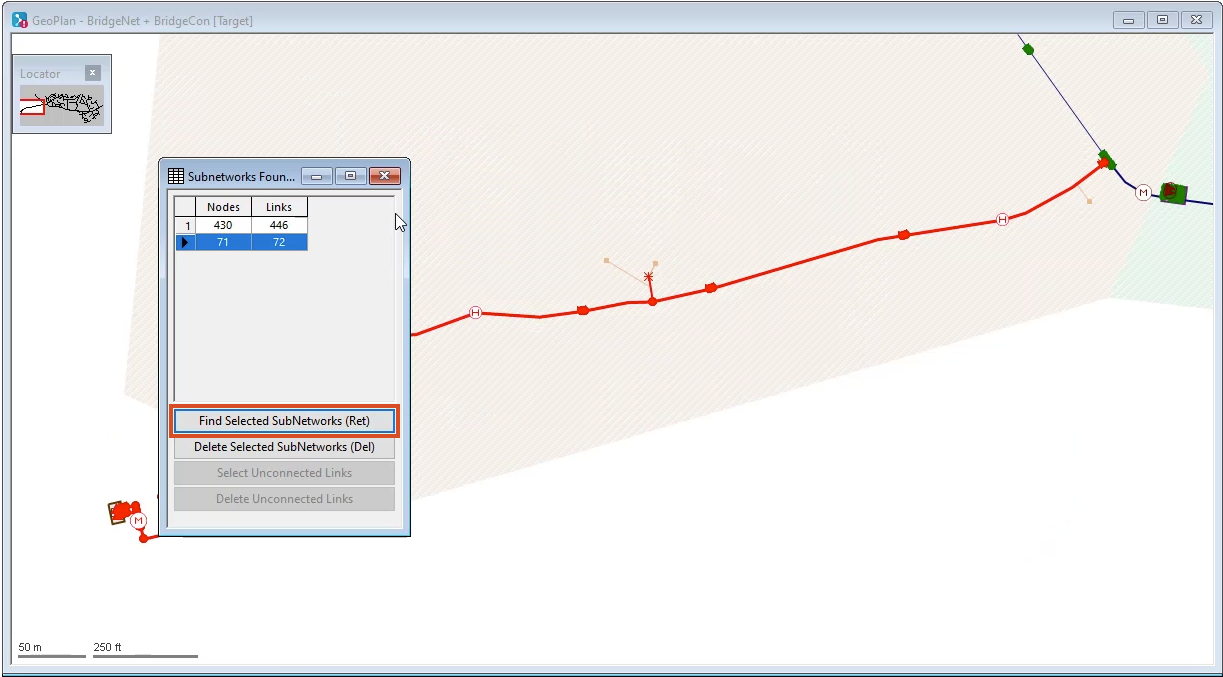 The Subnetworks Found dialog with a subnetwork selected, Find Selected SubNetworks highlighted, and the GeoPlan in the background with the subnetwork highlighted in red.