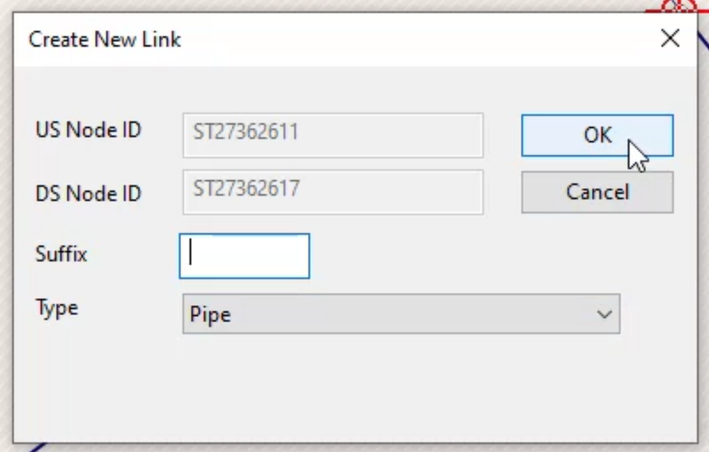 The Create New Link dialog with the Type set to Pipe and OK selected.