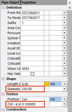 The Properties panel of the newly created pipe, with the Diameter and CW – k, or friction coefficient, fields highlighted in red, and values entered.