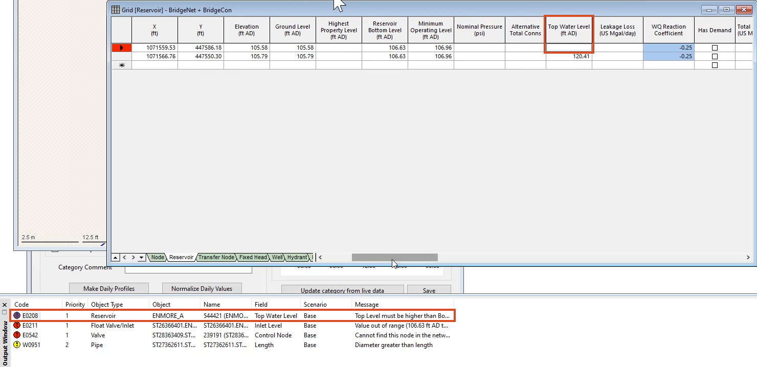 The Output Window with the reservoir error highlighted; and above, the Grid window with the blank Top Water Level field highlighted. .