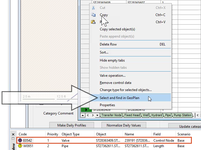 The Output Window with the valve error highlighted in red; and above, the Grid view of the error, with the green-cell menu expanded and Select and find in GeoPlan called out and selected.