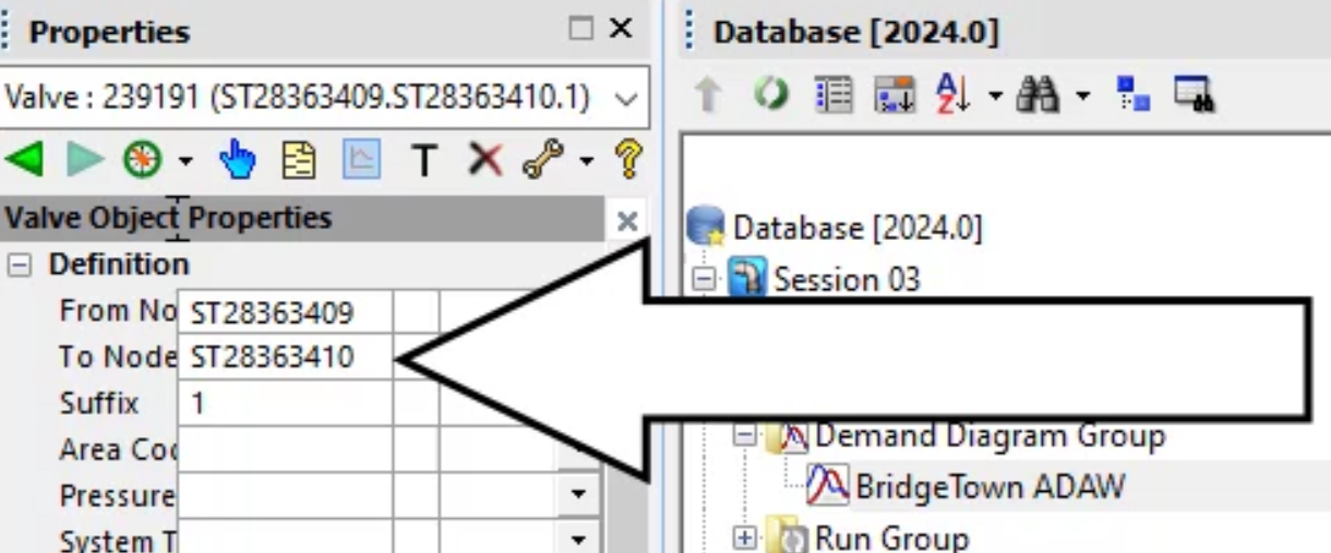 The Properties panel of the valve, Definition section with the To Node field called out.