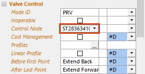 In the Properties panel of the valve, Valve Control section, the new Control Node value is highlighted in red.