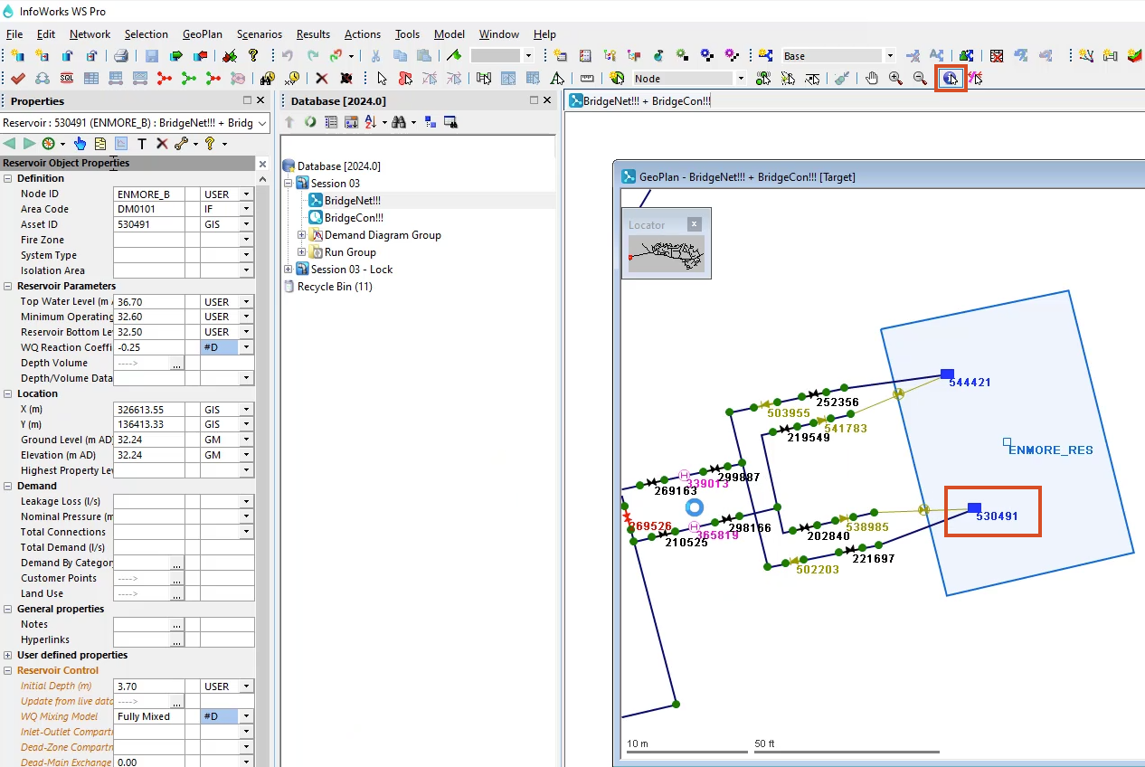 The GeoPlan with the BridgeNet network and BridgeCon control open, the Properties tool highlighted in red, and the Enmore_B reservoir highlighted in red.