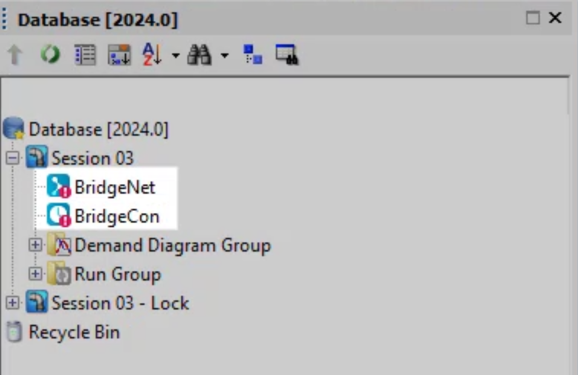 The Model Group window, with both BridgeNet and BridgeCon displaying a red circle with an exclamation mark (!), indicating uncommitted changes.