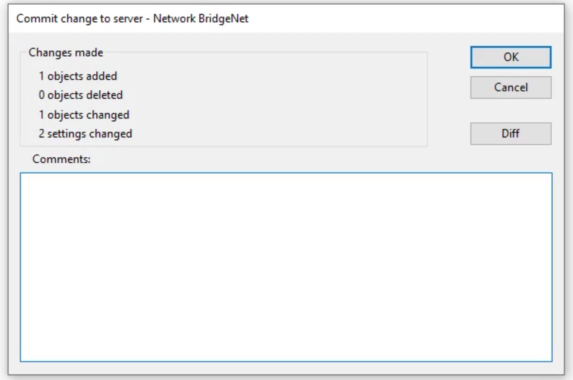 The Commit change to server dialog box with the list of changes. OK selected.