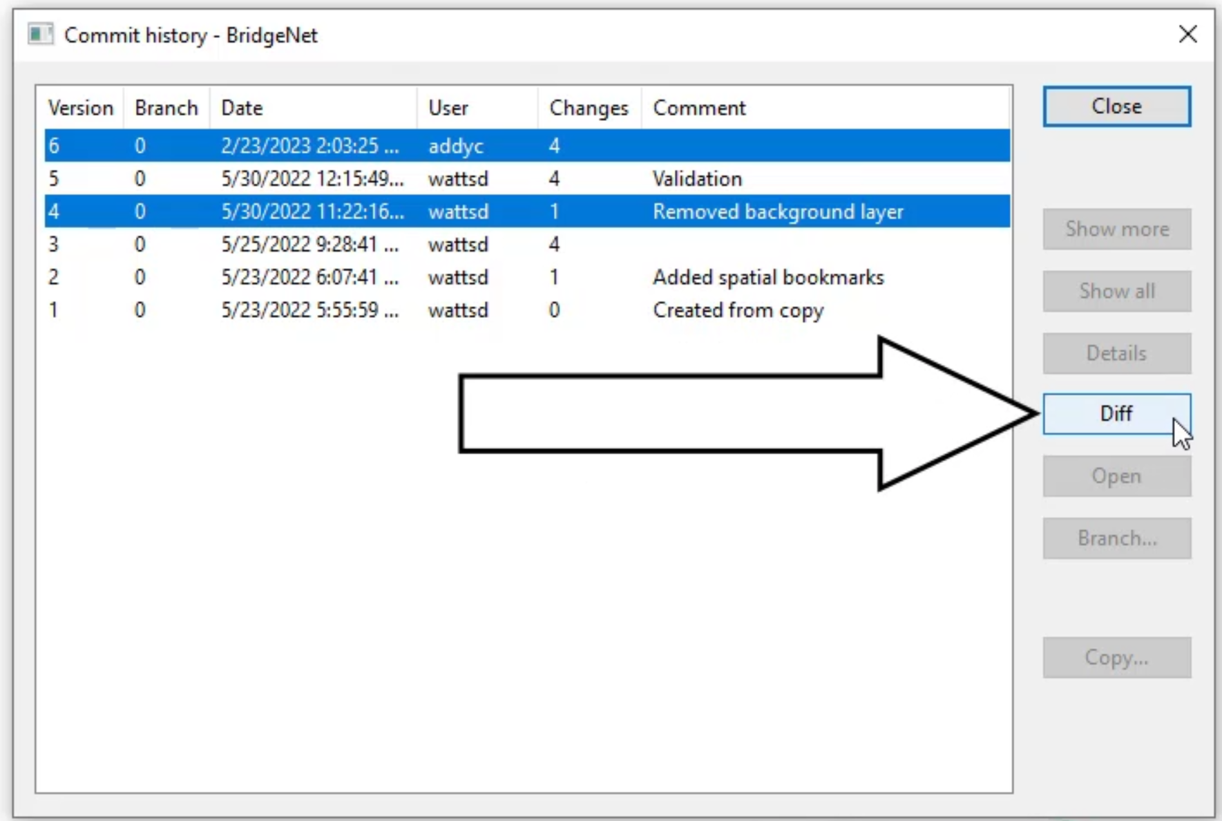 The Commit history dialog box with two versions selected and Diff called out and selected.