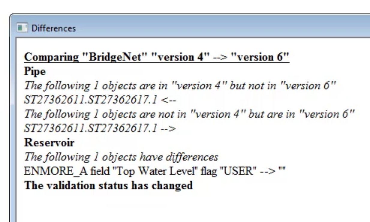 The Differences dialog box listing comparisons between the two versions of the object .