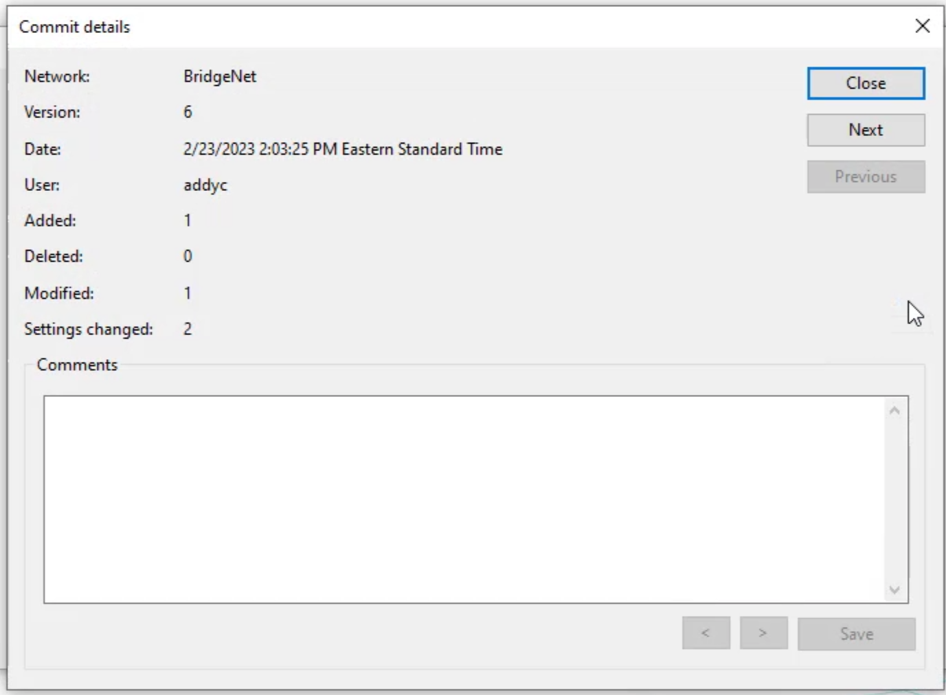 The Commit details dialog box, with details for the selected version of the network, including the number and types of changes made, and the user who made them.