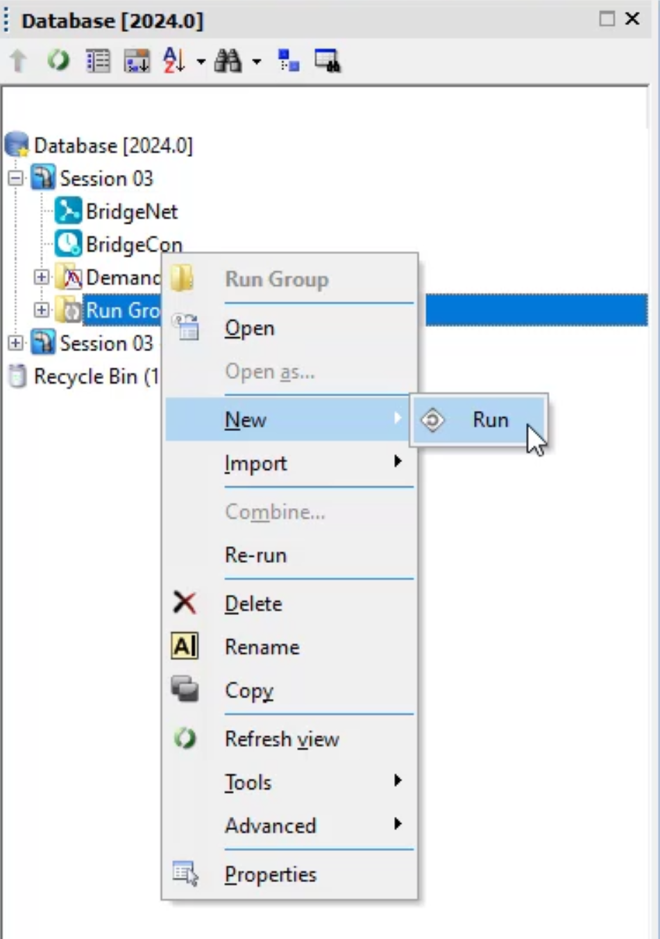 In the Model Group window with the file tree expanded, the Run Group shortcut menu and New flyout displayed, with Run selected.