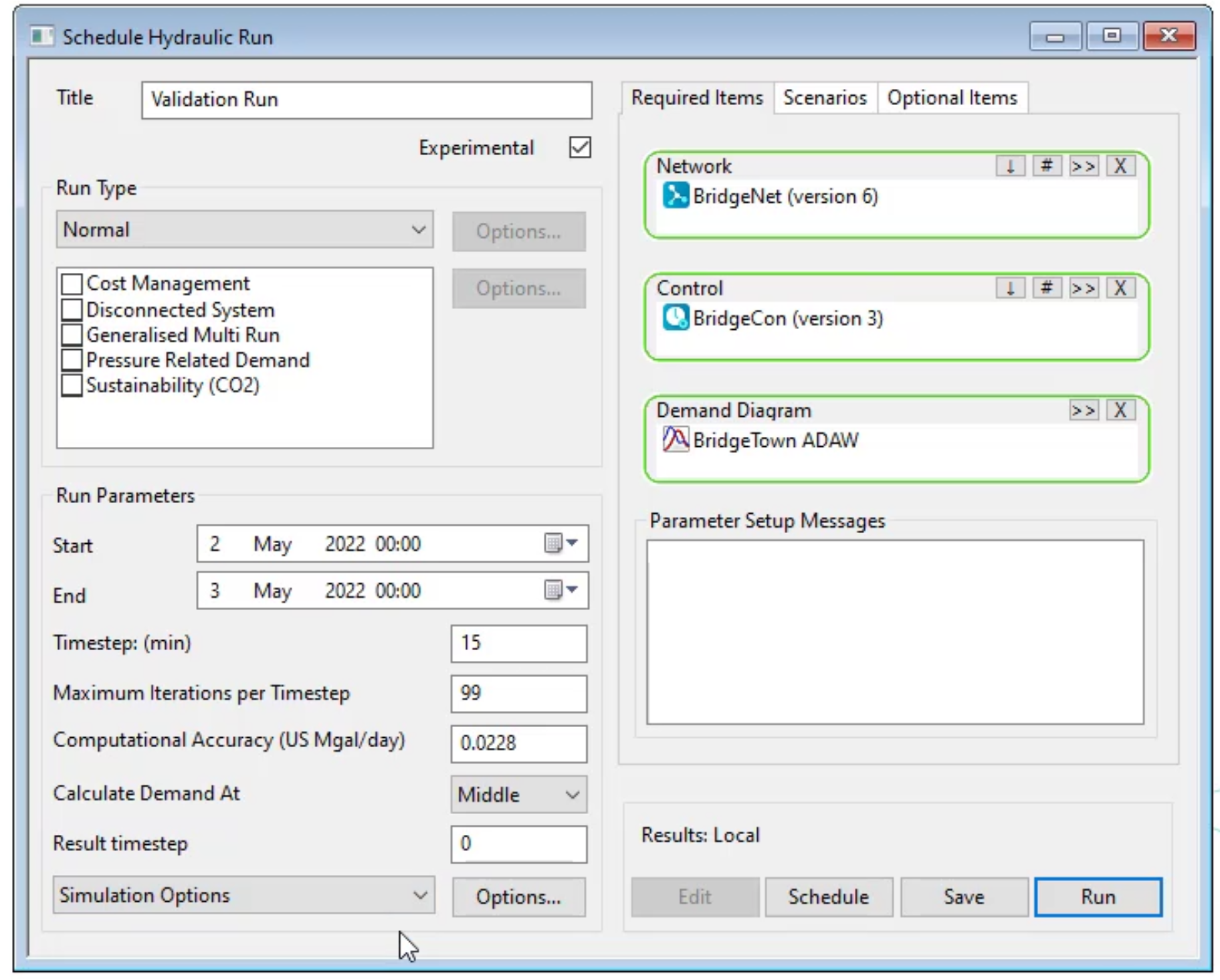 The Schedule Hydraulic Run dialog box with the title Validation Run entered and Simulation Options selected.