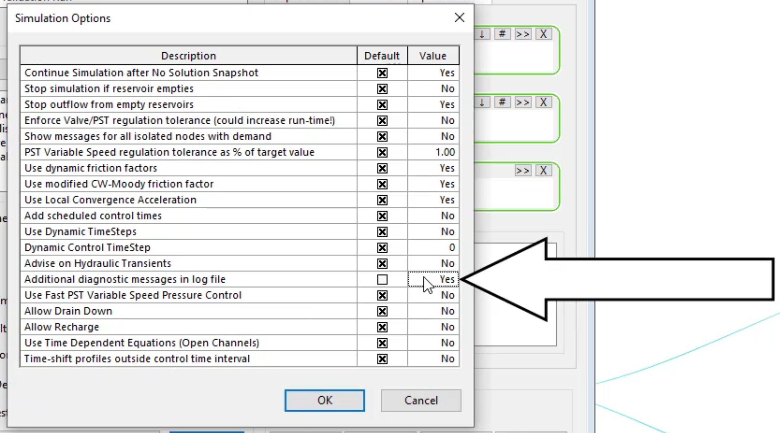 The Simulation Options dialog box with various options listed in table format, and in the Value column, Additional diagnostic messages in the log file set to Yes and called out.