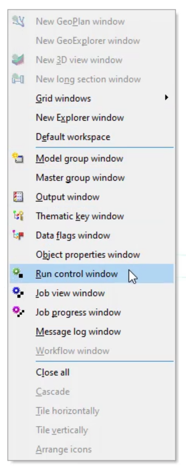 The workspace shortcut menu with Run control window selected.