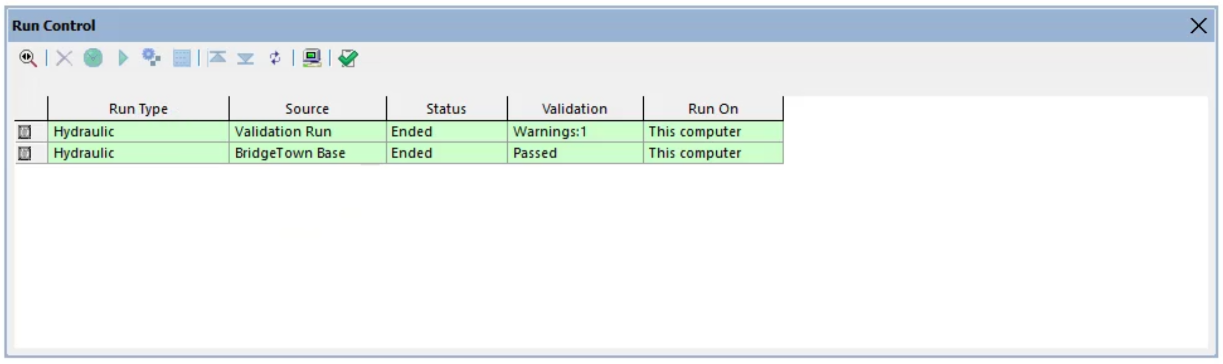 The Run Control dialog box, displaying details on previous runs completed for the model, such as type, source, and status.