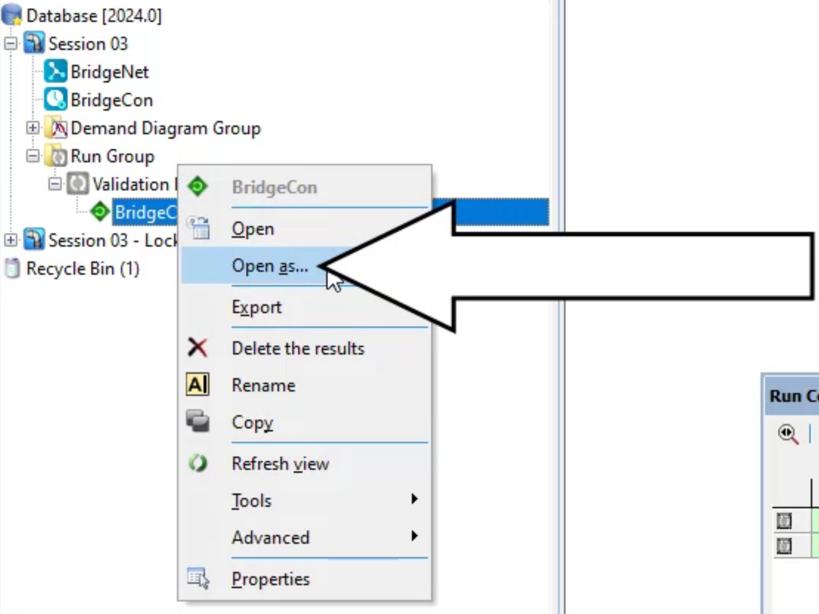 In the Model Group Window, the BridgeCon! run shortcut menu with Open as selected and called out.