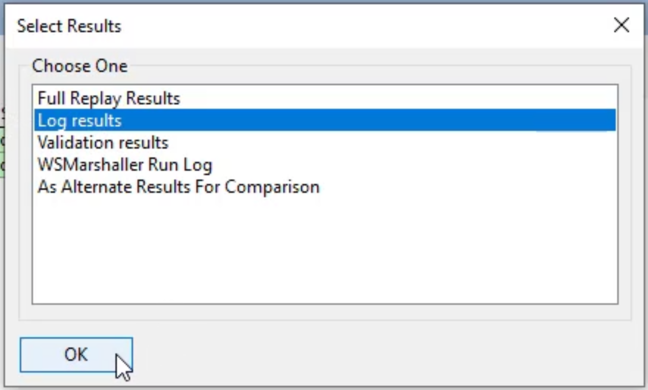 The Select Results dialog box with the Log results option selected.