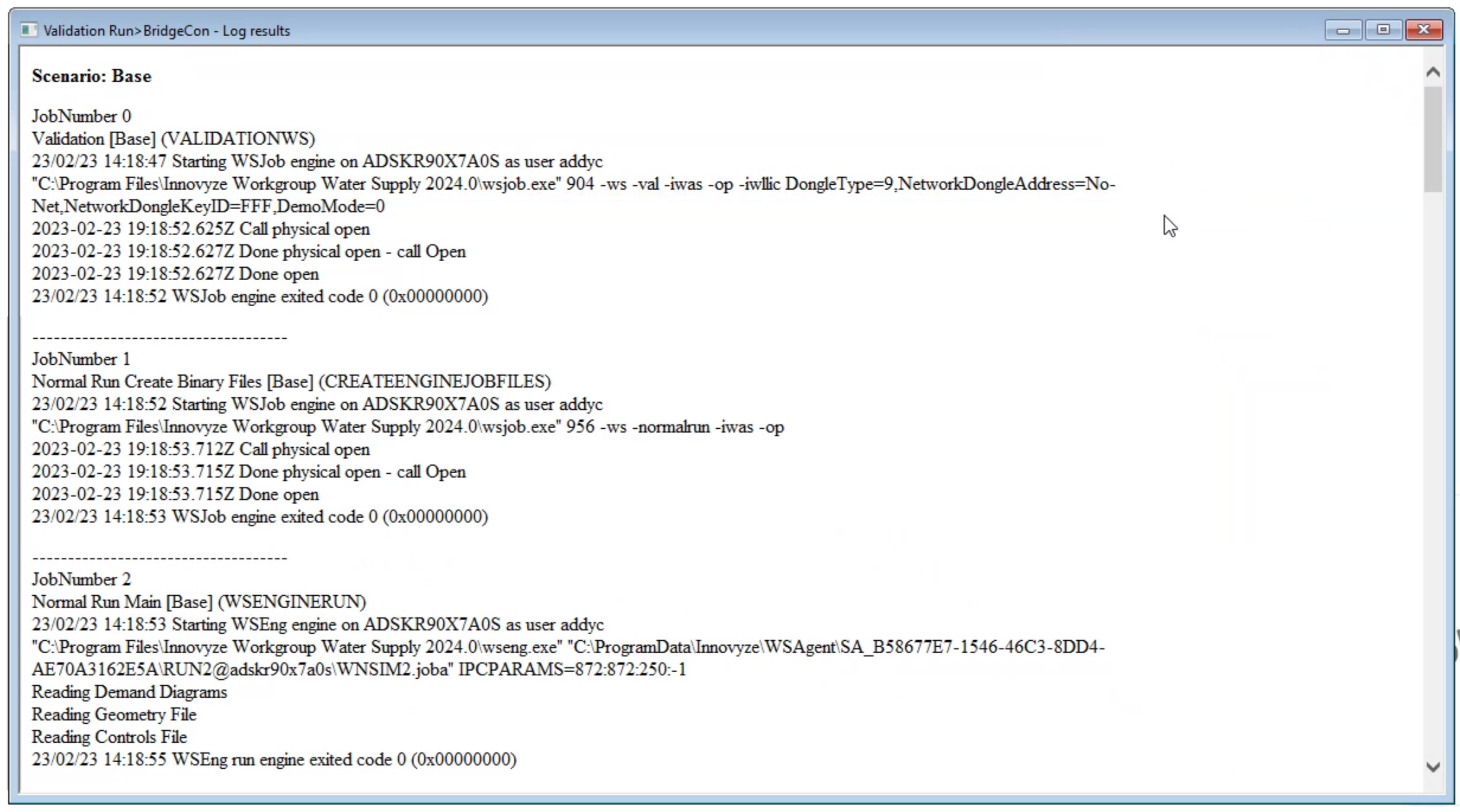 The Validation Run window with the Log results displayed.