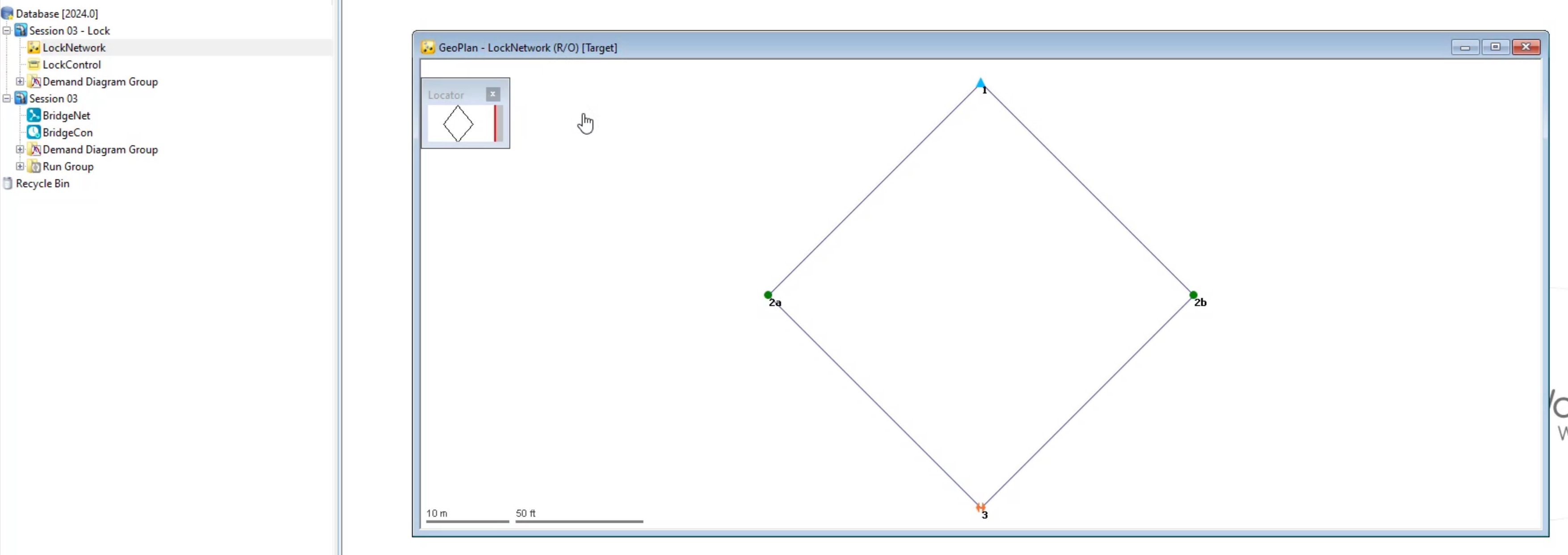 The InfoWorks WS Pro interface, Model Group window, with Session 03 – Lock expanded to show subgroups with yellow icons; and in the workspace, the network GeoPlan open with R/O in the title bar to indicate read-only.