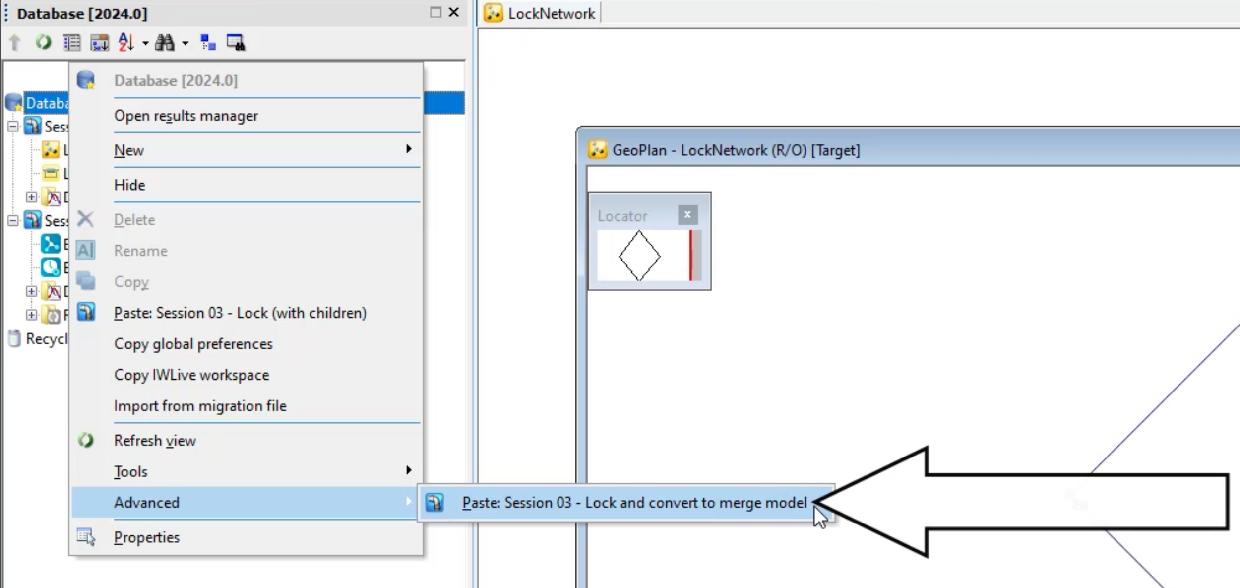 The Database shortcut menu with the Advanced flyout displayed and Paste: Session 03 – Lock and convert to merge model called out and selected.