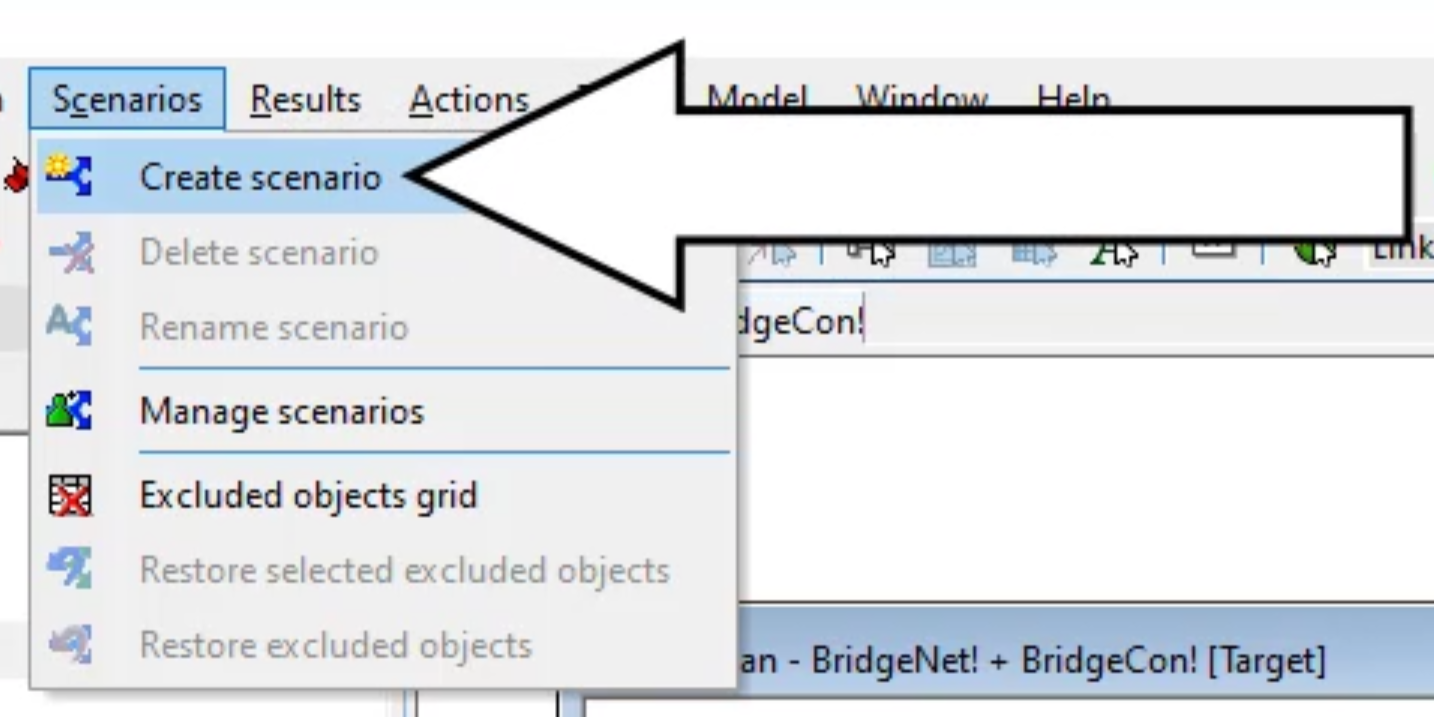 The InfoWorks WS Pro menu bar with the Scenarios menu expanded and Create scenario called out and selected.