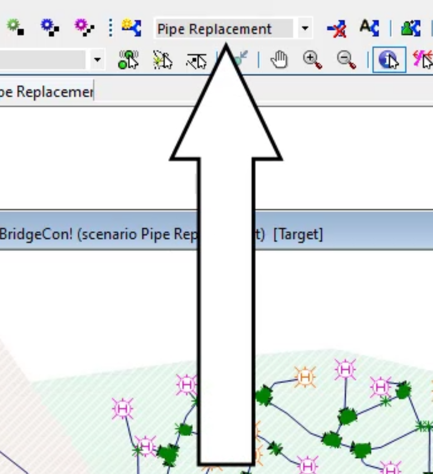 In the Scenarios toolbar, the Select scenarios drop-down, where Pipe Replacement appears.