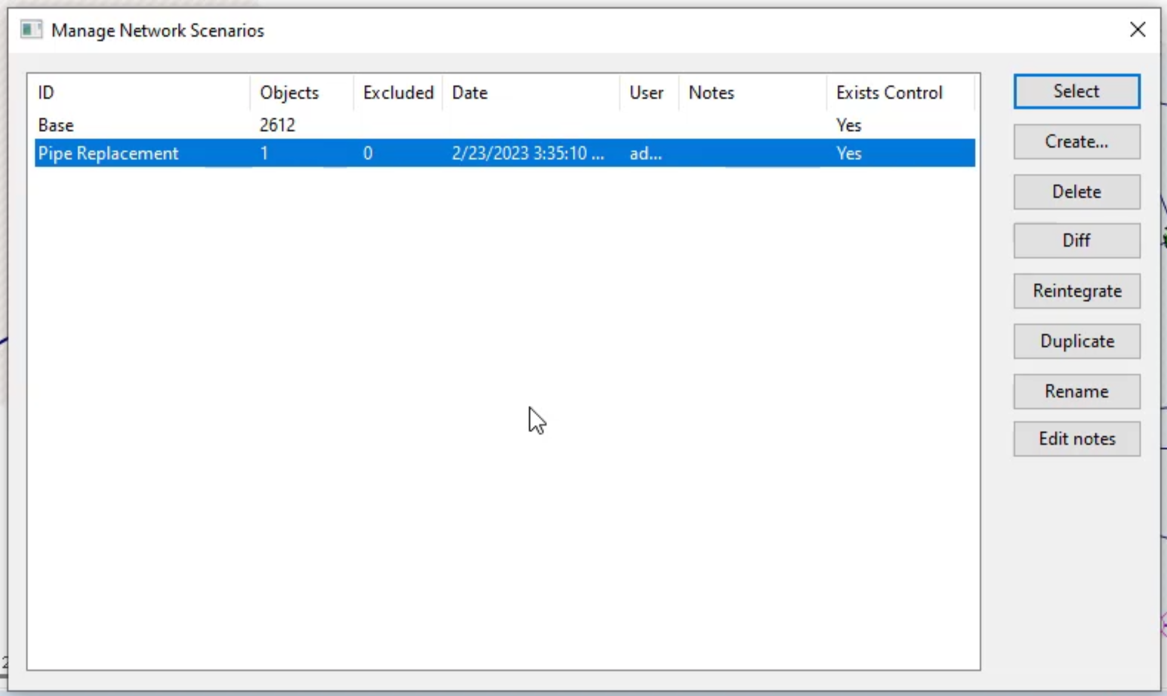 The Manage Network Scenarios dialog box with the newly created Pipe Replacement scenario in a table with columns for ID, objects, date, and other details.