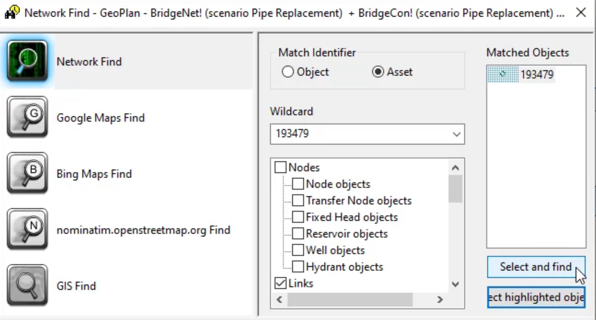 In The Network Find dialog box, Match Identifier set to Asset and other options configured, with Select and find selected.