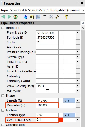 The Properties panel for the Pipe Object with values entered in the Diameter (in) field and in the friction coefficient field, or CW-k (millifeet), both highlighted in red.