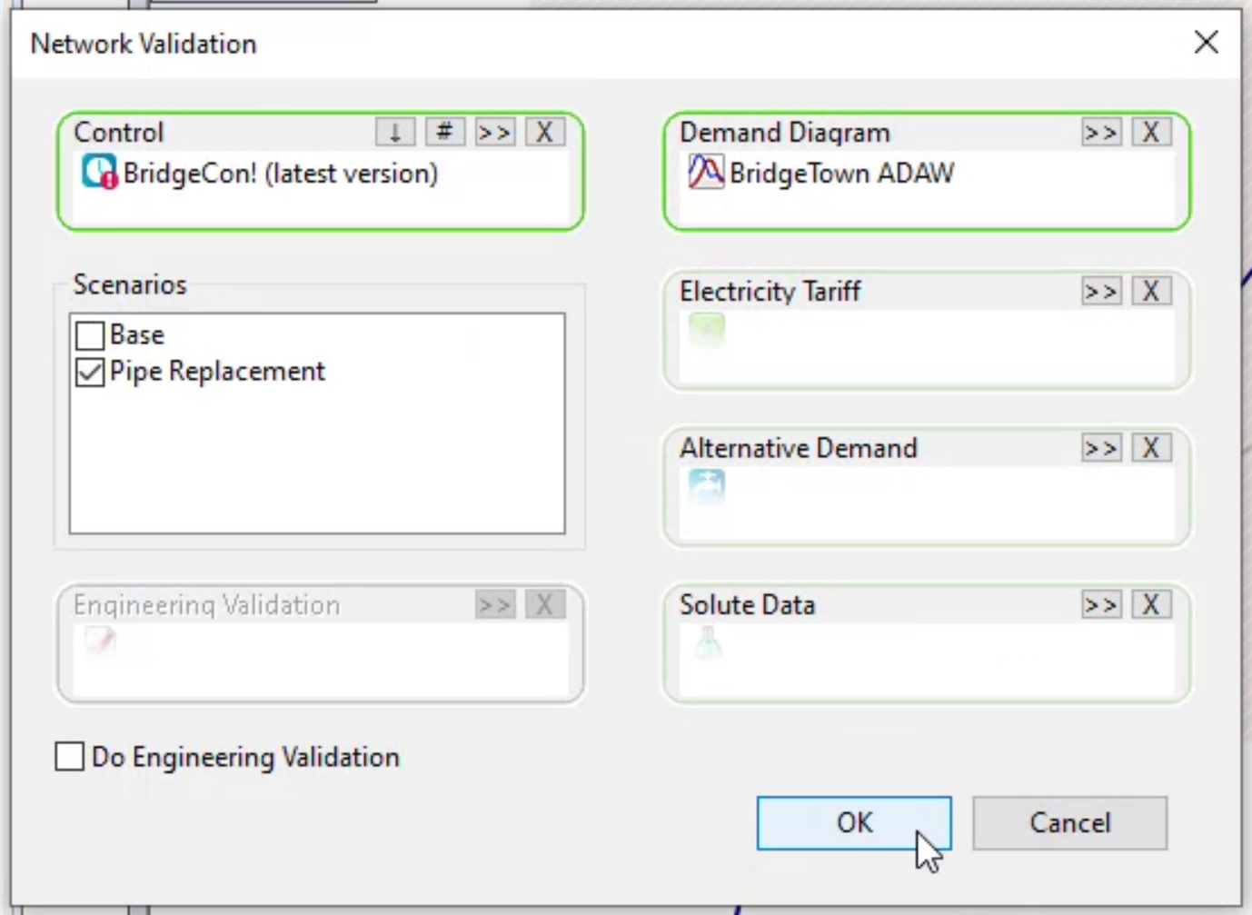 In the Network Validation dialog box, the Scenarios list with only Pipe Replacement enabled and OK selected.