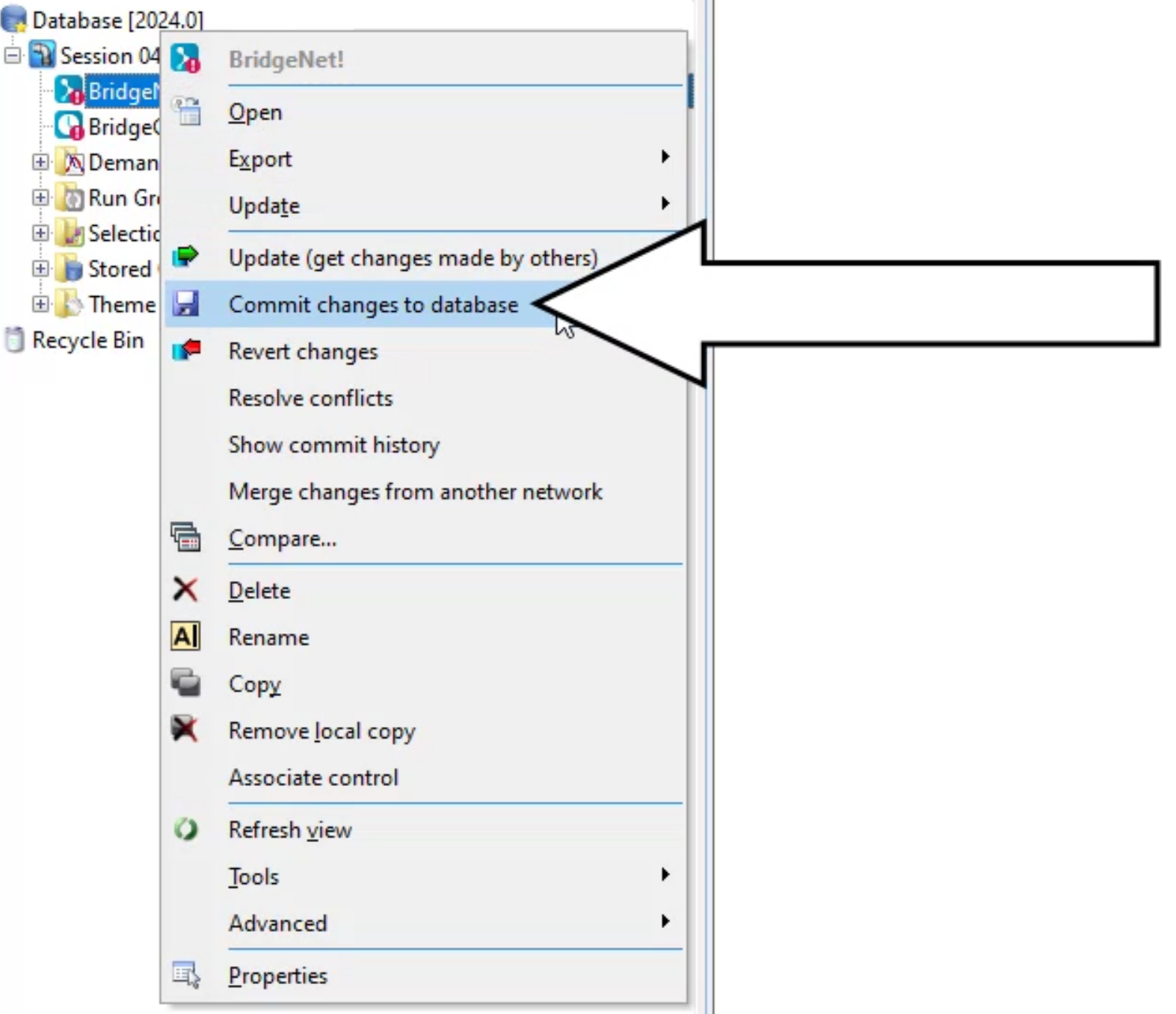 The BridgeNet shortcut menu with Commit changes to database selected and called out.