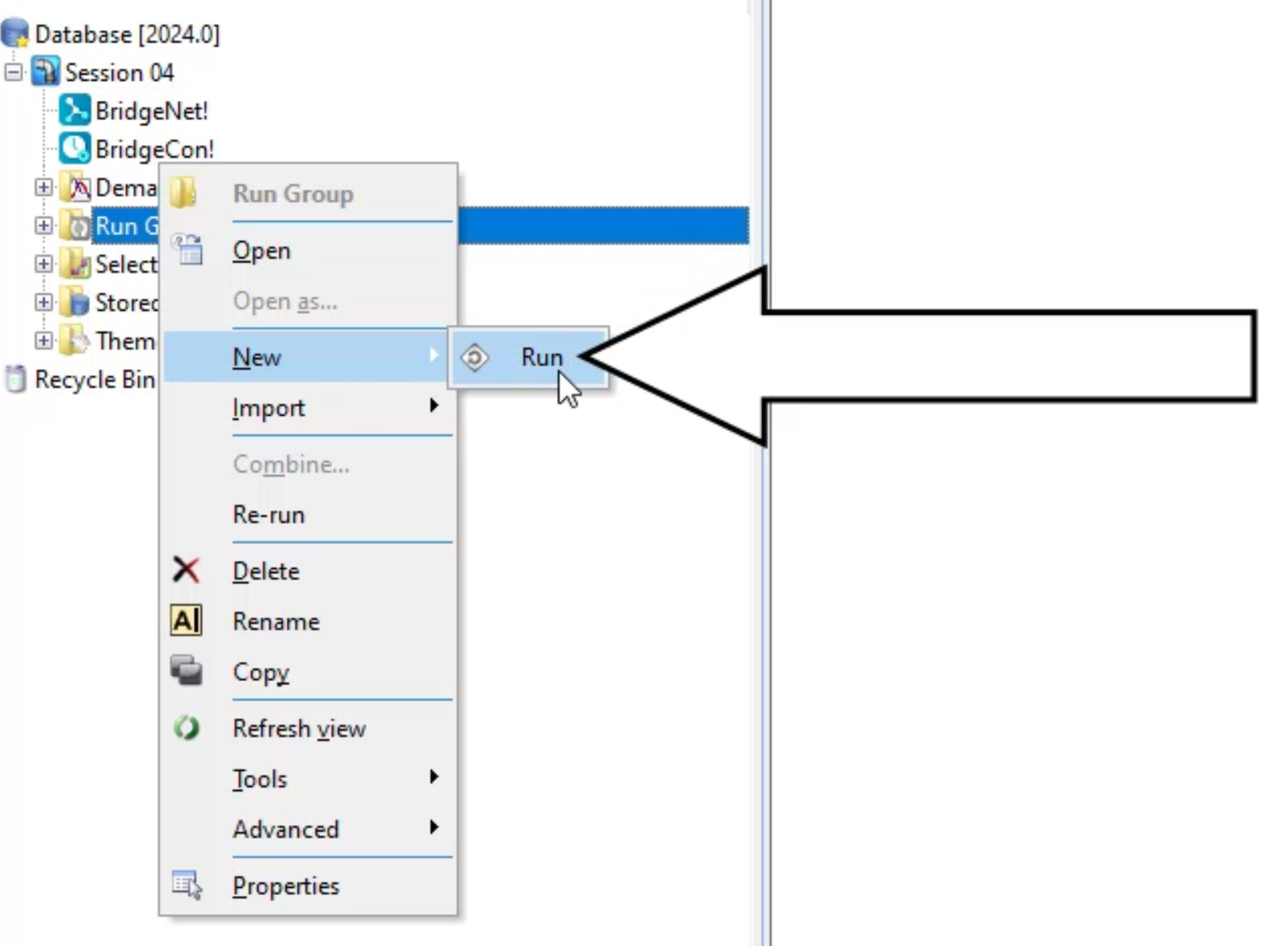 In the Model Group window, the Run Group shortcut menu with the New flyout displayed and Run selected and called out.