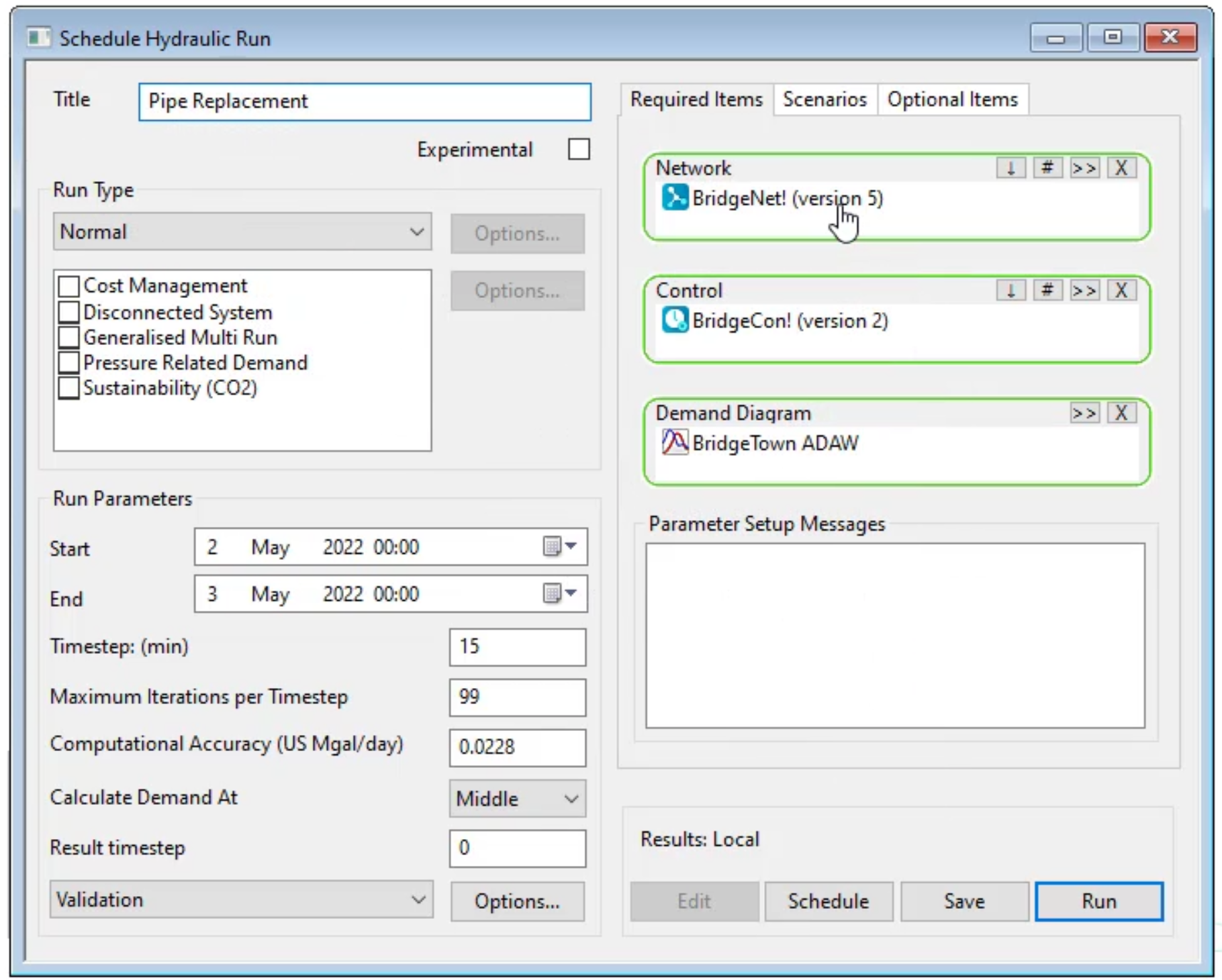 The Schedule Hydraulic Run dialog box with options configured for the Pipe Replacement run.