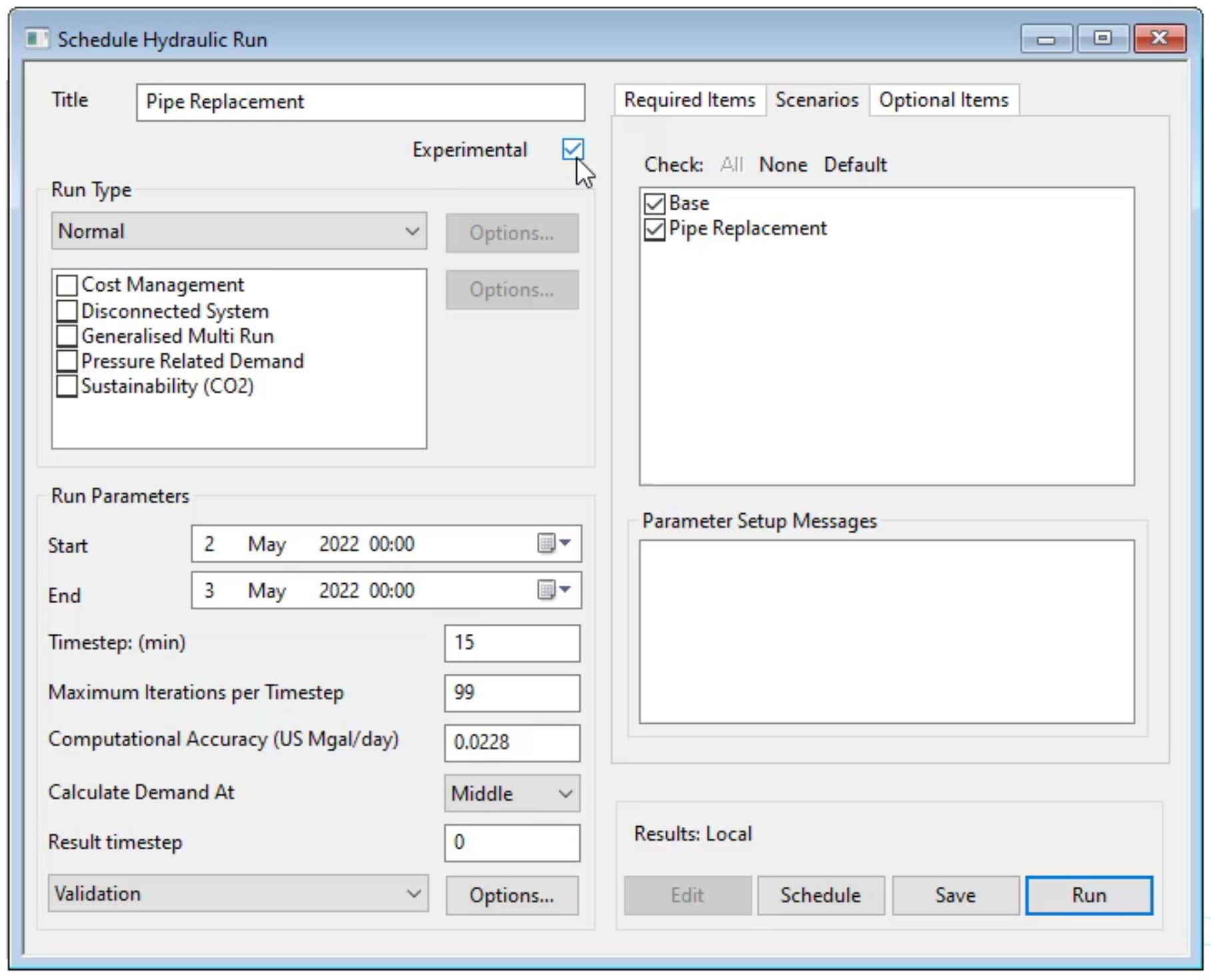 The Schedule Hydraulic Run dialog box, Scenarios tab with Pipe Replacement and Base selected, Experimental enabled and Run selected.