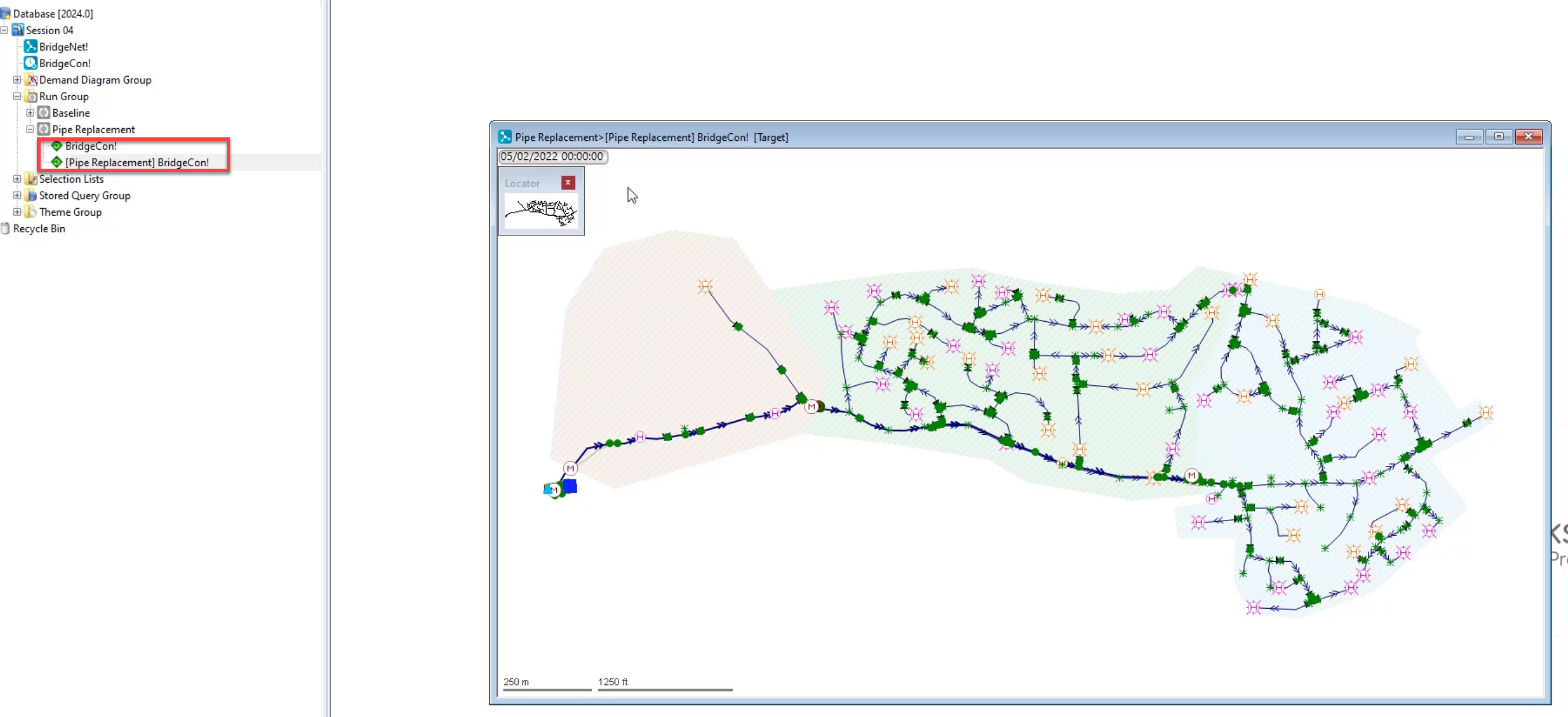 The Model Group window with the Pipe Replacement run expanded and green icons next to the scenarios; and in the workspace, the GeoPlan with the Pipe Replacement results.