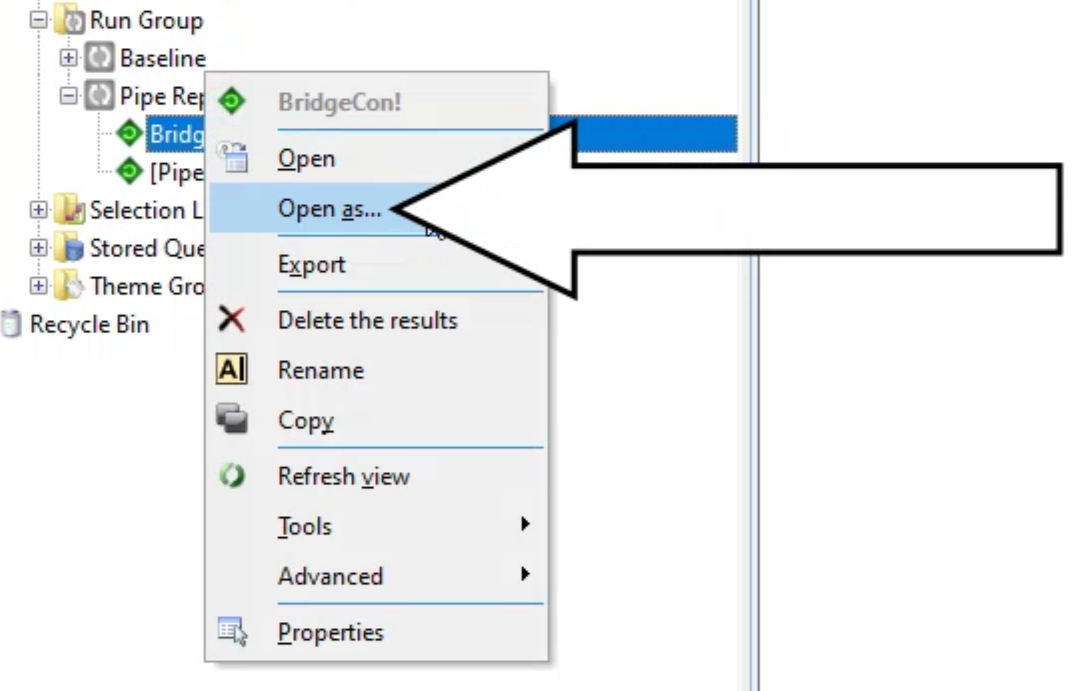 The Model Group window expanded to the Pipe Replacement Run with the BridgeCon scenario shortcut menu displayed and Open as selected and called out.