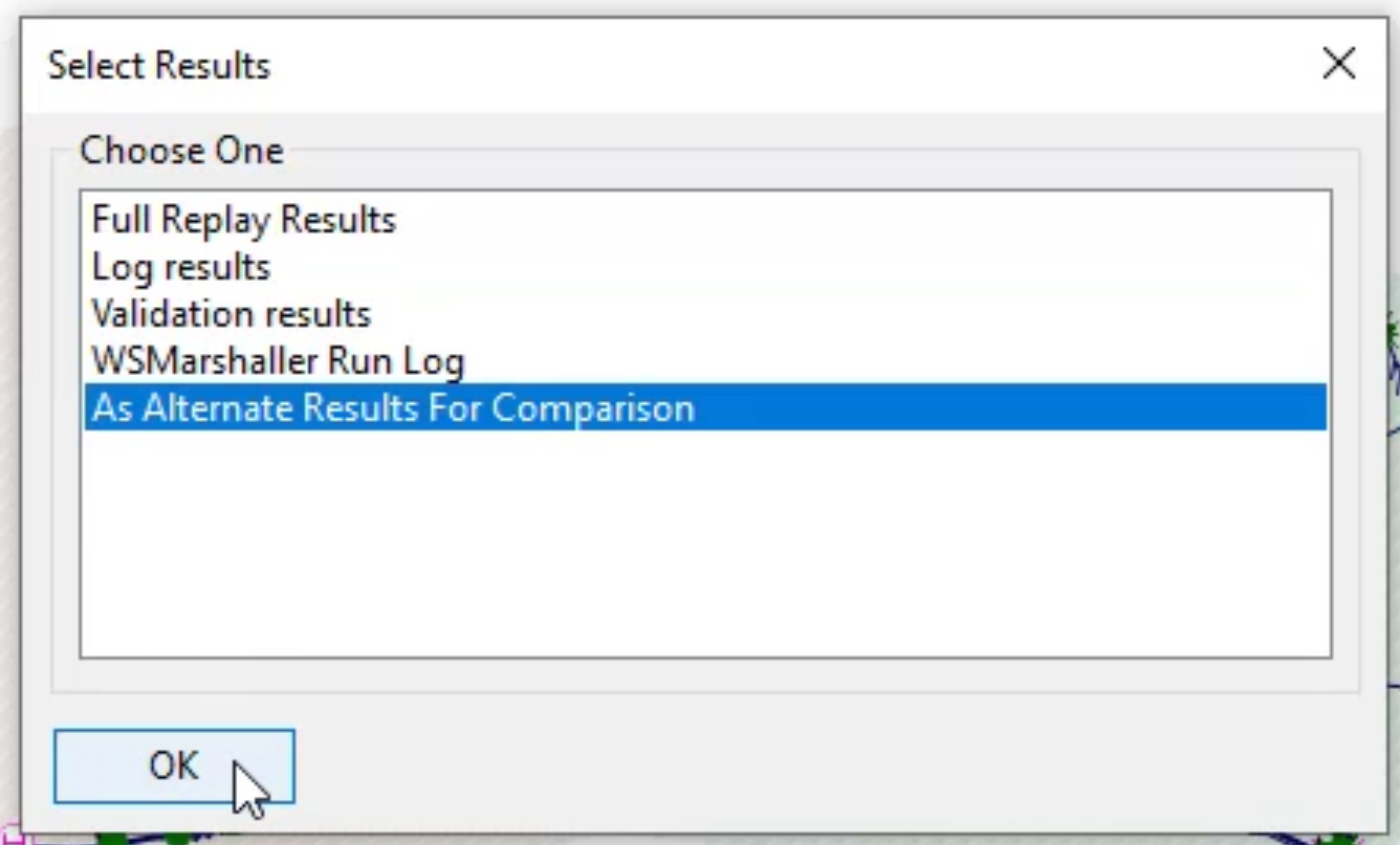 The Select Results dialog box, with As Alternate Results For Comparison highlighted and OK selected.